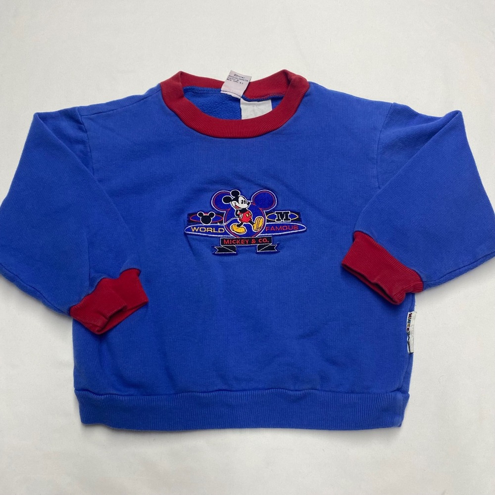 Vintage Mickey & Co Kids Blue Embroidered Sweatshirt Red Trim Disney